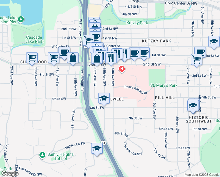 map of restaurants, bars, coffee shops, grocery stores, and more near 421 14th Avenue Southwest in Rochester