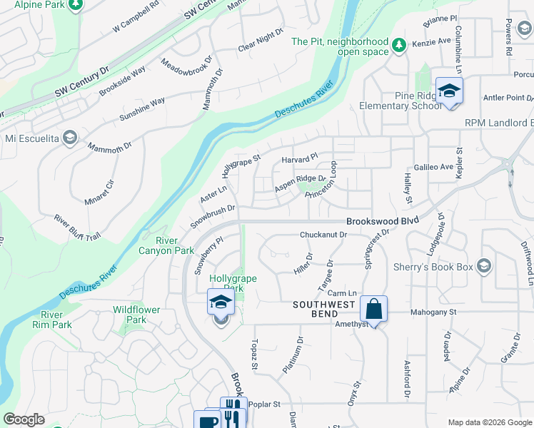 map of restaurants, bars, coffee shops, grocery stores, and more near 61162 Snowbrush Drive in Bend