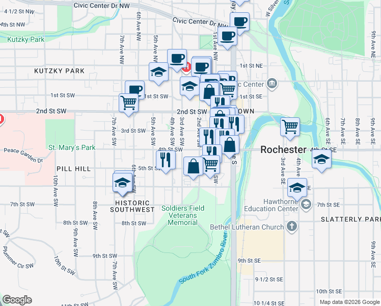 map of restaurants, bars, coffee shops, grocery stores, and more near 202 4th Street Southwest in Rochester