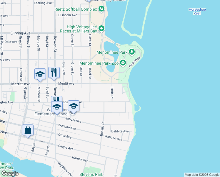 map of restaurants, bars, coffee shops, grocery stores, and more near 437 Linde Street in Oshkosh