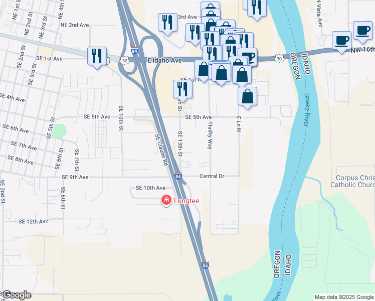 map of restaurants, bars, coffee shops, grocery stores, and more near 716 Southeast 13th Street in Ontario