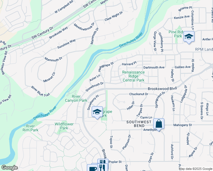 map of restaurants, bars, coffee shops, grocery stores, and more near 19519 Hollygrape Street in Bend