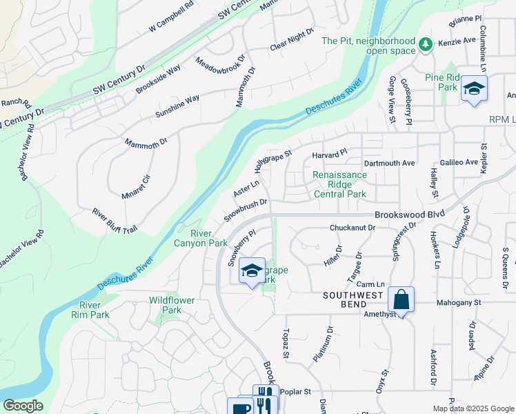 map of restaurants, bars, coffee shops, grocery stores, and more near 61112 Snowbrush Drive in Bend