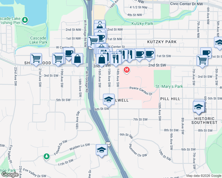 map of restaurants, bars, coffee shops, grocery stores, and more near 411 15th Avenue Southwest in Rochester