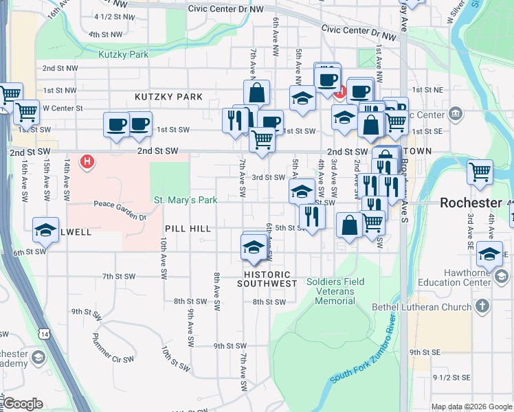 map of restaurants, bars, coffee shops, grocery stores, and more near 600 4th Street Southwest in Rochester
