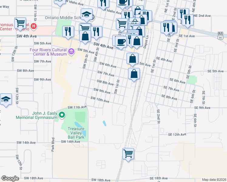 map of restaurants, bars, coffee shops, grocery stores, and more near 887 Southwest 1st Street in Ontario
