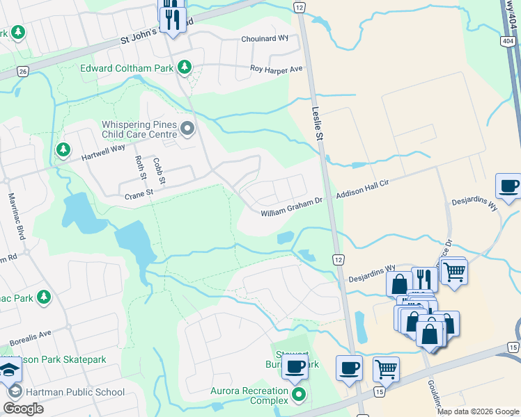 map of restaurants, bars, coffee shops, grocery stores, and more near 393 William Graham Drive in Aurora