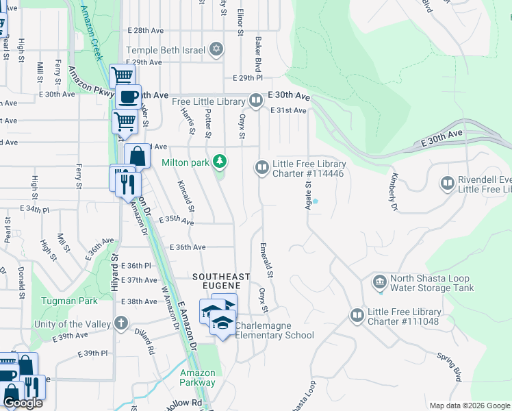 map of restaurants, bars, coffee shops, grocery stores, and more near 3498 Onyx Place in Eugene