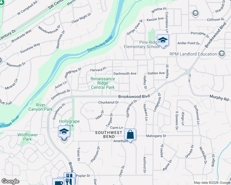 map of restaurants, bars, coffee shops, grocery stores, and more near 19709 Aspen Meadows Drive in Bend
