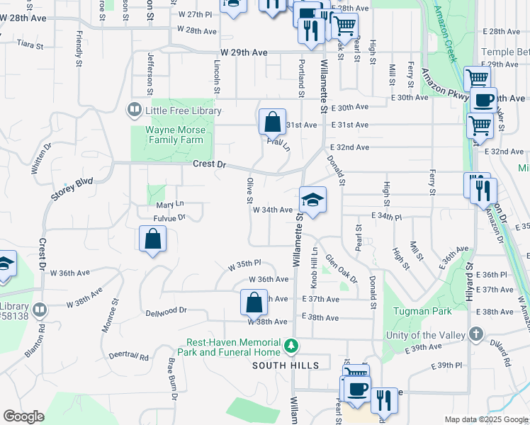 map of restaurants, bars, coffee shops, grocery stores, and more near 3430 McMillan Street in Eugene