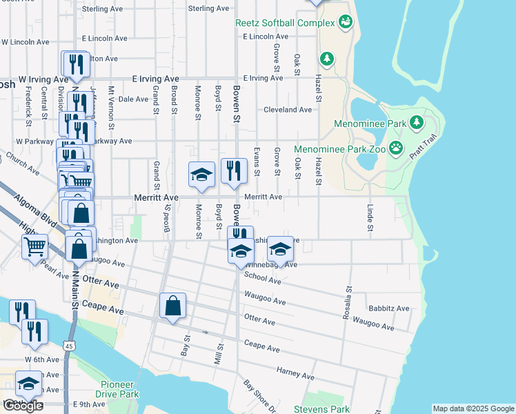 map of restaurants, bars, coffee shops, grocery stores, and more near 919 Merritt Avenue in Oshkosh
