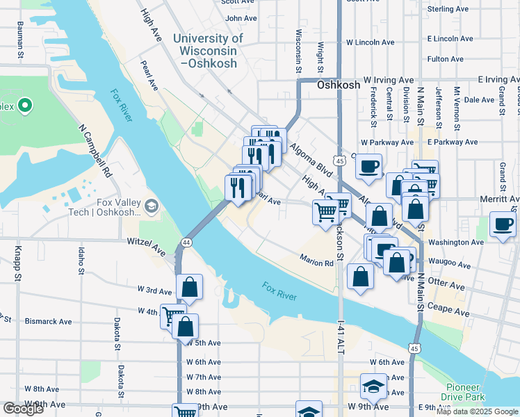 map of restaurants, bars, coffee shops, grocery stores, and more near 60 Wisconsin Street in Oshkosh