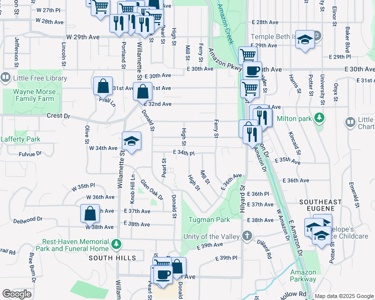 map of restaurants, bars, coffee shops, grocery stores, and more near 3445 High Street in Eugene