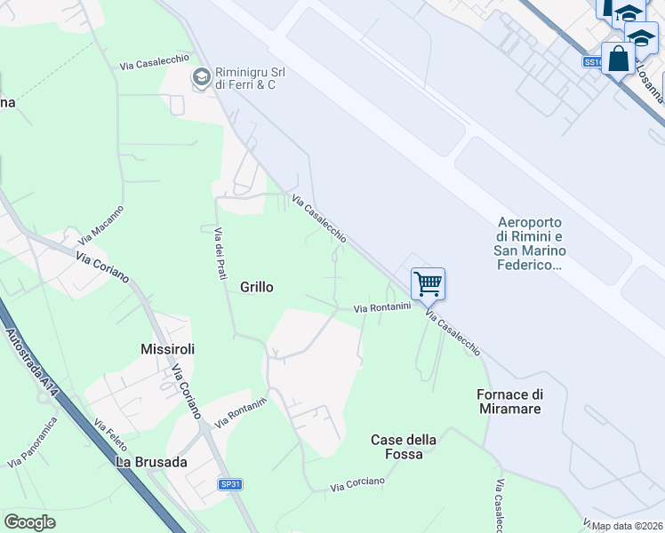 map of restaurants, bars, coffee shops, grocery stores, and more near 33-37 Via Casalecchio in Rimini