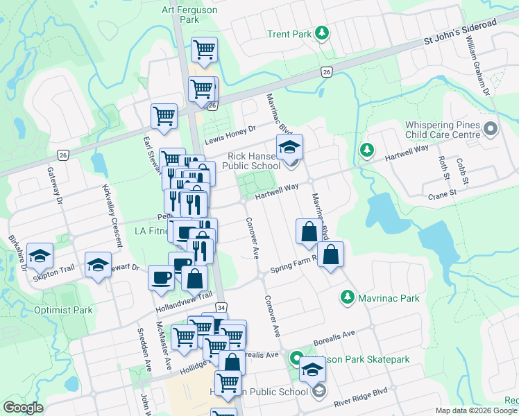map of restaurants, bars, coffee shops, grocery stores, and more near 94 Petermann Street in Aurora
