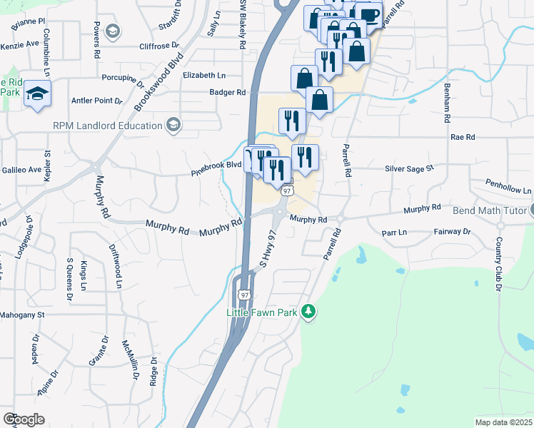 map of restaurants, bars, coffee shops, grocery stores, and more near 61097 South Highway 97 in Bend