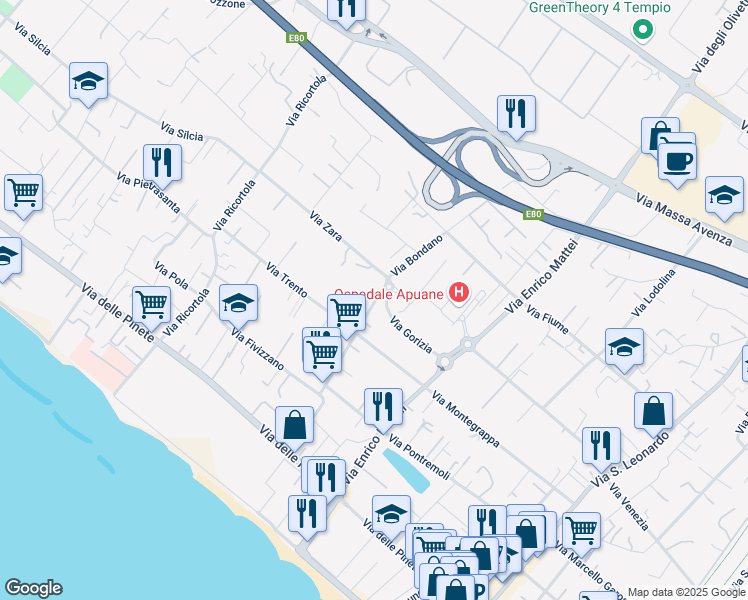 map of restaurants, bars, coffee shops, grocery stores, and more near 61 Via Bondano in Marina di Massa