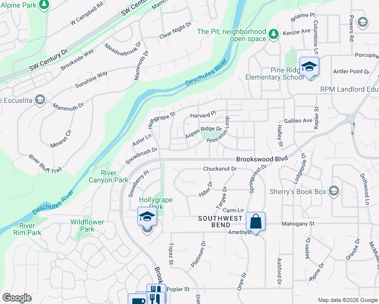 map of restaurants, bars, coffee shops, grocery stores, and more near 61162 Snowbrush Drive in Bend