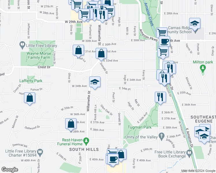 map of restaurants, bars, coffee shops, grocery stores, and more near 3447 Donald Street in Eugene