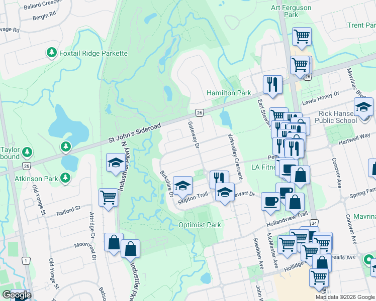 map of restaurants, bars, coffee shops, grocery stores, and more near 66 Turnbridge Road in Aurora