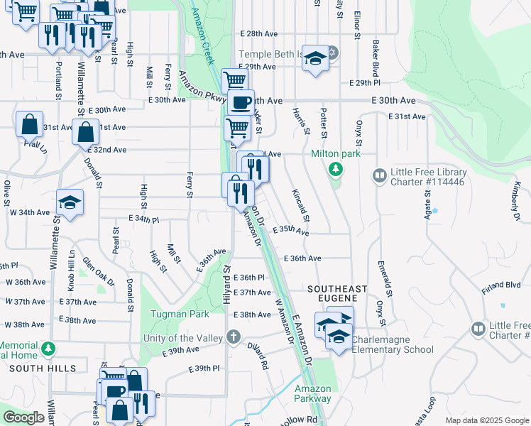map of restaurants, bars, coffee shops, grocery stores, and more near 3475 East Amazon Drive in Eugene