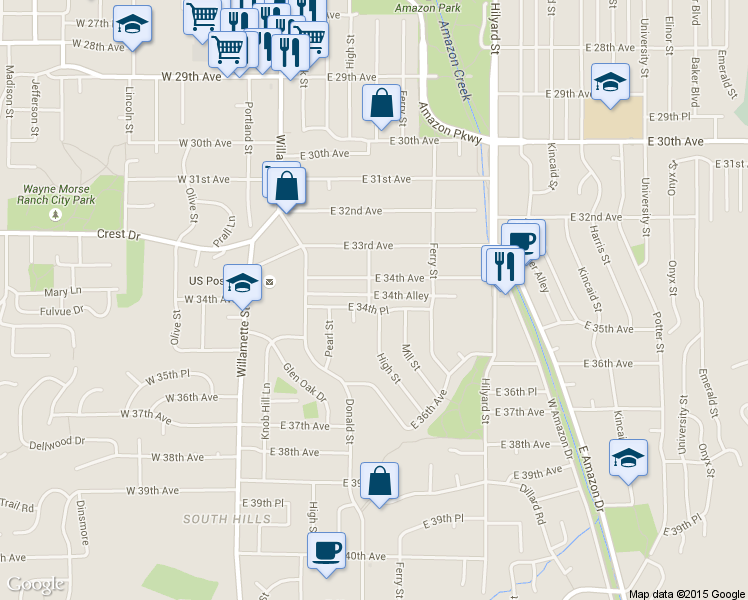 map of restaurants, bars, coffee shops, grocery stores, and more near 280 East 34th Place in Eugene