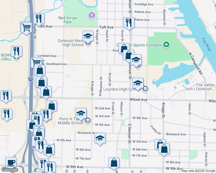 map of restaurants, bars, coffee shops, grocery stores, and more near 145 North Lark Street in Oshkosh