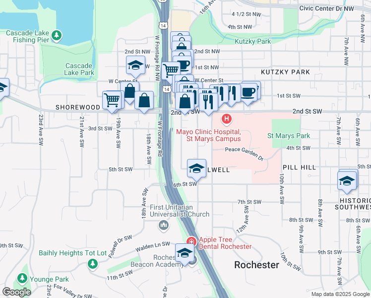 map of restaurants, bars, coffee shops, grocery stores, and more near 406 16th Avenue Southwest in Rochester