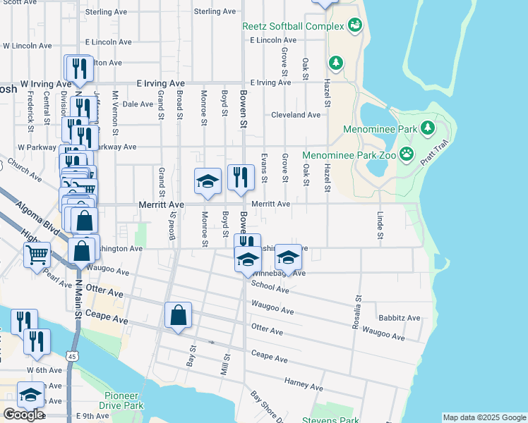 map of restaurants, bars, coffee shops, grocery stores, and more near 835 Merritt Avenue in Oshkosh