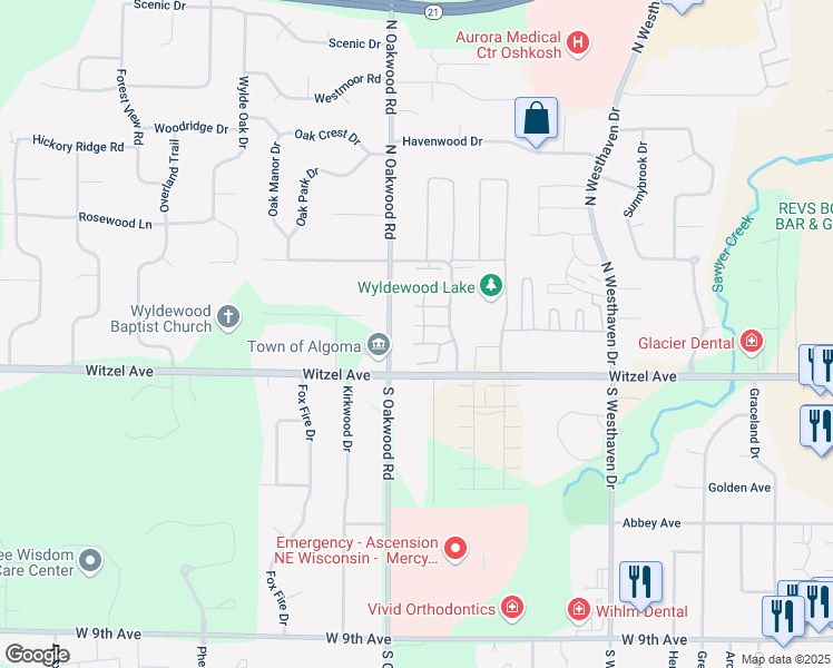 map of restaurants, bars, coffee shops, grocery stores, and more near 129 Wyldewood Drive in Oshkosh