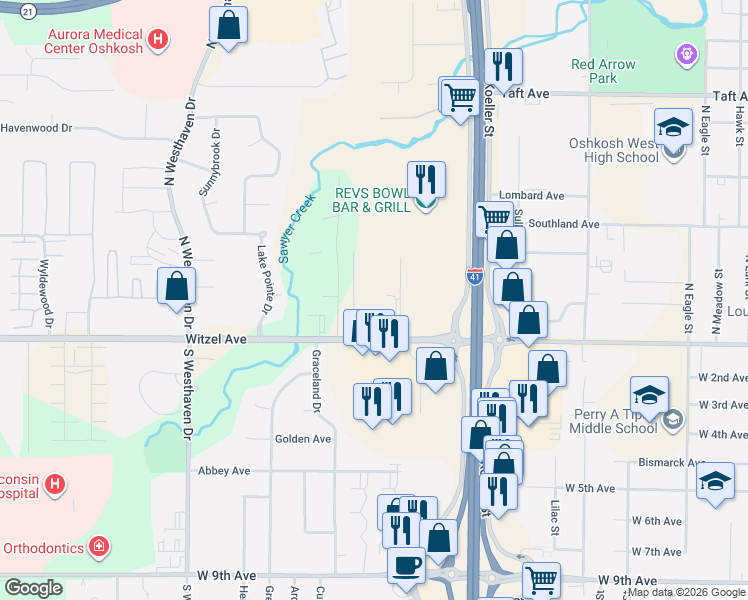 map of restaurants, bars, coffee shops, grocery stores, and more near 150 Aspire Lane in Oshkosh