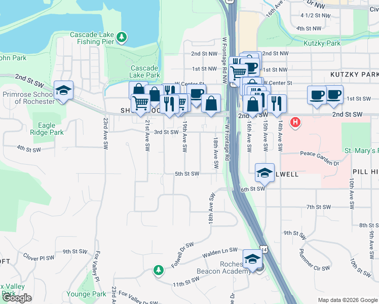 map of restaurants, bars, coffee shops, grocery stores, and more near 405 18 1/2 Avenue Southwest in Rochester