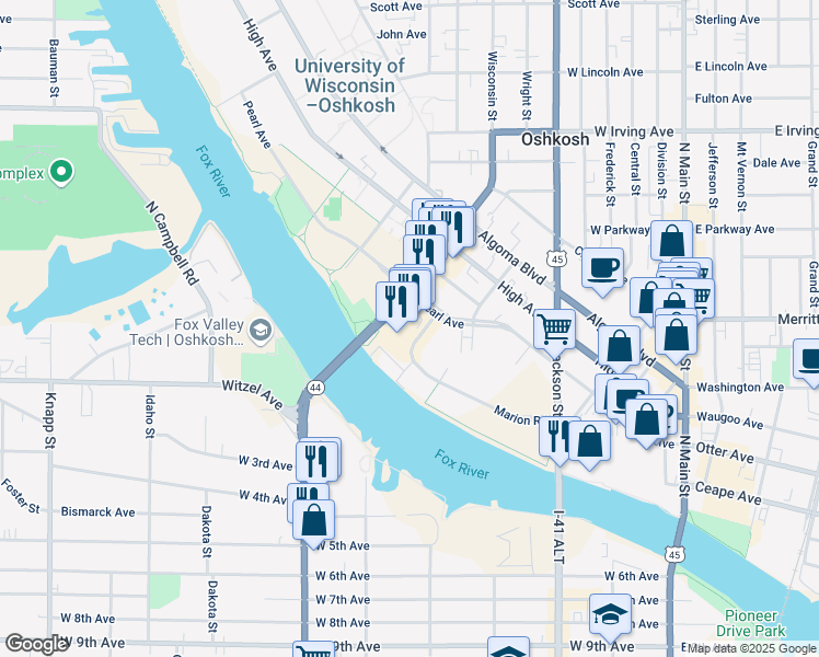 map of restaurants, bars, coffee shops, grocery stores, and more near 60 Wisconsin Street in Oshkosh