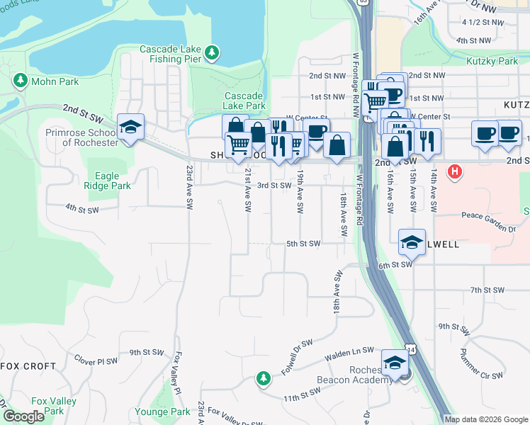 map of restaurants, bars, coffee shops, grocery stores, and more near 409 20th Avenue Southwest in Rochester