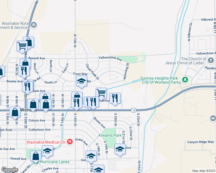map of restaurants, bars, coffee shops, grocery stores, and more near 224 North 19th Street in Worland