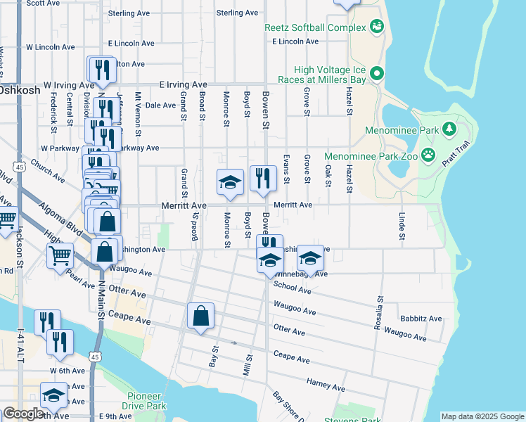map of restaurants, bars, coffee shops, grocery stores, and more near 440 Bowen Street in Oshkosh
