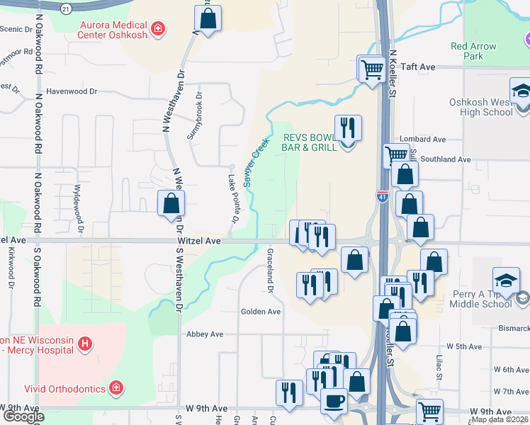 map of restaurants, bars, coffee shops, grocery stores, and more near 100 Lake Pointe Drive in Oshkosh