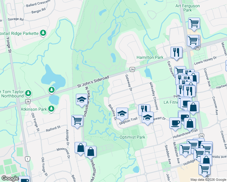 map of restaurants, bars, coffee shops, grocery stores, and more near 7 Billingham Heights in Aurora
