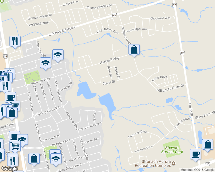 map of restaurants, bars, coffee shops, grocery stores, and more near 126 Crane Street in Aurora