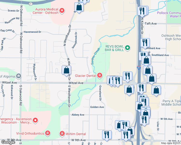 map of restaurants, bars, coffee shops, grocery stores, and more near 220 Lake Pointe Drive in Oshkosh