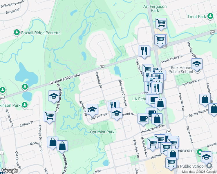 map of restaurants, bars, coffee shops, grocery stores, and more near 26 Valemount Way in Aurora