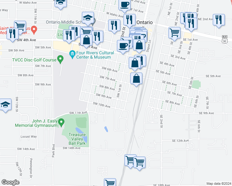 map of restaurants, bars, coffee shops, grocery stores, and more near 887 Southwest 1st Street in Ontario