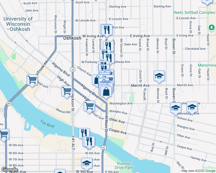 map of restaurants, bars, coffee shops, grocery stores, and more near 470 North Main Street in Oshkosh