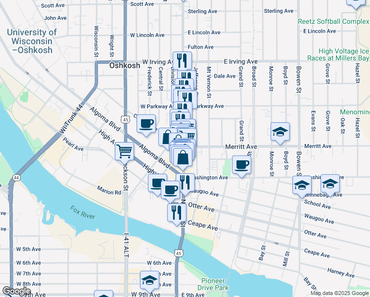 map of restaurants, bars, coffee shops, grocery stores, and more near 457 North Main Street in Oshkosh
