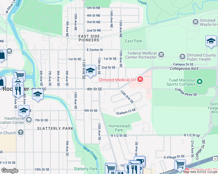 map of restaurants, bars, coffee shops, grocery stores, and more near 1408 4th Street Southeast in Rochester