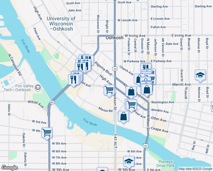 map of restaurants, bars, coffee shops, grocery stores, and more near 435 High Avenue in Oshkosh