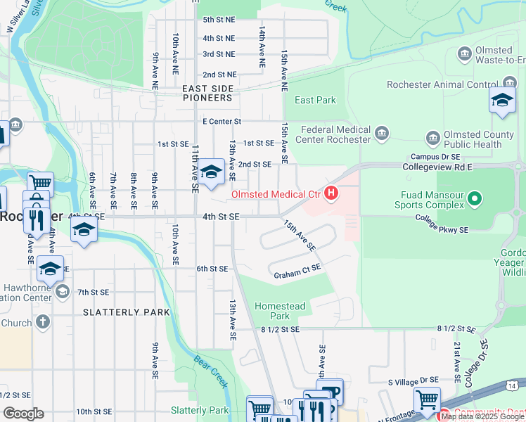 map of restaurants, bars, coffee shops, grocery stores, and more near 1408 4th Street Southeast in Rochester