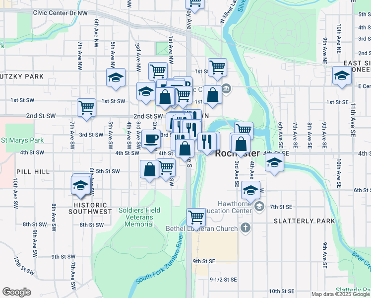 map of restaurants, bars, coffee shops, grocery stores, and more near 400 Broadway Avenue South in Rochester