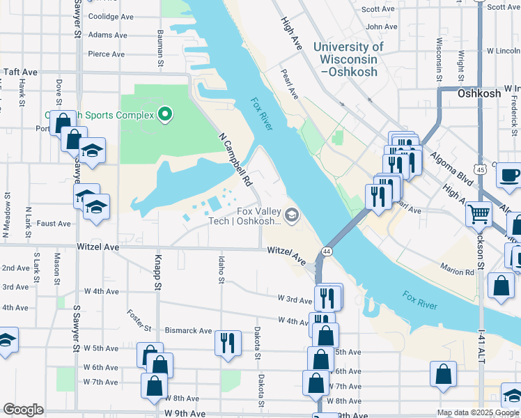 map of restaurants, bars, coffee shops, grocery stores, and more near 240 North Campbell Road in Oshkosh