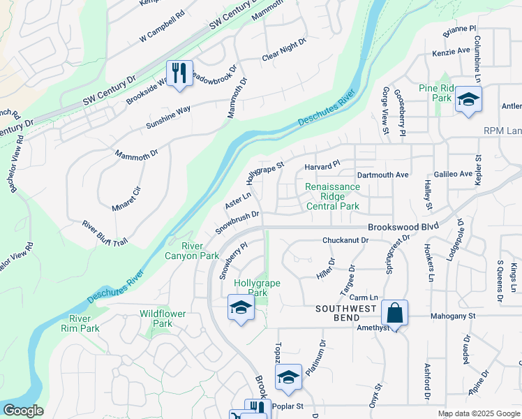 map of restaurants, bars, coffee shops, grocery stores, and more near 19519 Hollygrape Street in Bend